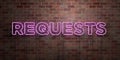 REQUESTS - fluorescent Neon tube Sign on brickwork - Front view - 3D rendered royalty free stock picture