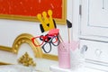 Requisite or props for photo session or thematic party - paper princess crown, glasses, lips on sticks Royalty Free Stock Photo