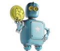 Rero Robot holding Bitcoin. Isolate on white. Crypto Currency. Royalty Free Stock Photo