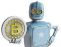 Rero Robot holding Bitcoin. Isolate on white. Crypto Currency. Royalty Free Stock Photo