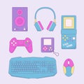 Vintage purple computer game equipment vector illustration