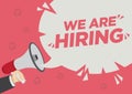 Reruitment Hiring shoutout with a megaphone speech bubble against a red background