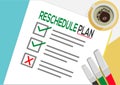 Reschedule Plan or planning icon concept. One task failed. Paper sheets with check marks, abstract text and marker. Royalty Free Stock Photo