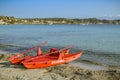 Rescue boat empty beach close to Capo Testa in Sardinia Royalty Free Stock Photo