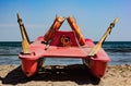 Rescue boat typically used on Italian beaches usually located near the lifeguard tower. Royalty Free Stock Photo