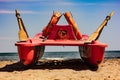 Rescue boat typically used on Italian beaches usually located near the lifeguard tower. Royalty Free Stock Photo