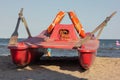 Rescue boat typically used on Italian beaches usually located near the lifeguard tower. Royalty Free Stock Photo