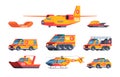 Rescue cars. Accident transport lifeguard service fast ambulance machines flight workers hospital helicopters garish