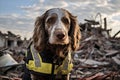 rescue dog on the ruins of a destroyed building after an earthquake