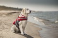 Golden Retriever dog as a rescuer in a life jacket. Swimming vest for dogs. The dog stares at the sea, ocean