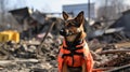 Rescue dog in signal vest on ruins of destroyed building with copy space for text placement Royalty Free Stock Photo