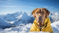 Rescue dog in signal vest on snowy mountains, close up with blurred background and copy space