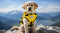 Rescue dog in signal vest on snowy mountains, close up with copy space for text placement