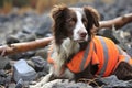 rescue dog in a vest on the ruins of a destroyed building after an earthquake