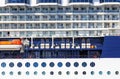 Rescue equipment and boats on the deck of a cruise ship, close-up view from side Royalty Free Stock Photo