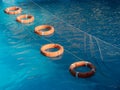 Rescue equipment, lifebuoys, and safety net floating in the sea to rescue drowning people. Royalty Free Stock Photo