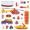 Rescue Equipment with Specialized Machine and Emergency Vehicle for Urgent Saving of Life Vector Set