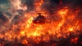 A rescue fire helicopter extinguishes a forest fire with water