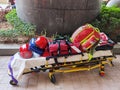 6 2 2021 rescue firefighter stretcher with first aid medical facilities ready to serve at fire fighting scene in a residential