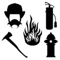 Rescue firefighters equipment SET. Silhouette of gear in Black color