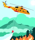 Rescue helicopter extinguishes the fire forest with water bucket illustration