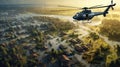 Rescue helicopter flies over the flooded village. Concept of ecological catastrophe. Generative AI.