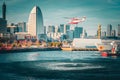 Rescue helicopter over Yokohama Port Royalty Free Stock Photo