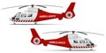 Rescue helicopter side view on a isolated white background. Red medical evacuation helicopter. Ambulance helicopter