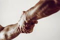 Rescue, helping gesture or hands. Strong hold. Two hands, helping hand of a friend. Handshake, arms, friendship Royalty Free Stock Photo