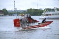 Rescue operations on a river. Rescue motorboat with lifeguards aboard floating on the water. Kiev, Ukraine