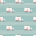 Rescue services. Ambulance cars seamless pattern. Vector childish illustration in scandinavian simple hand-drawn style. The