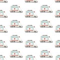 Rescue services. Ambulance cars seamless pattern. Vector childish illustration in scandinavian simple hand-drawn style. The
