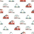 Rescue services cars seamless pattern. Vector childish illustration in scandinavian simple hand-drawn style. The limited palette