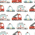 Rescue services cars seamless pattern. Vector childish illustration in scandinavian simple hand-drawn style. The limited palette