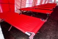 Rescue shelter. Emergency beds prepared in tent for natural disasters