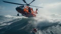 Rescue team descending from a helicopter at a ship in distress.