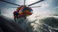 Rescue team descending from a helicopter at a ship in distress.