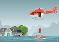 Rescue team with rescue helicopter and boat rescue in mission rescue at sea or flood