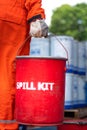 A rescue team is holding red box of `Spill kit`. Royalty Free Stock Photo