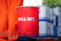 A rescue team is holding red box of `Spill kit`. Royalty Free Stock Photo