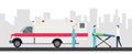 Rescue team provides first aid. Ambulance concept in flat style . Young doctor paramedic man and woman, ambulance and patient on Royalty Free Stock Photo