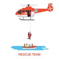Rescue team with rescue helicopter and boat rescue . Royalty Free Stock Photo