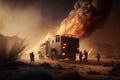 Rescue vehicles in action during a fire in the desert Royalty Free Stock Photo