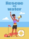 Rescue on water banner or poster with female lifeguard flat vector illustration.