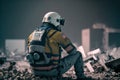 A rescue worker sad and tired sitting on collapsed rubble, Generative AI Royalty Free Stock Photo