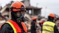 Rescue workers in protective gear and helmets search through the rubble in the disaster area. Royalty Free Stock Photo