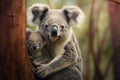 A rescued koala with its young, against the backdrop of a green forest in a safe environment