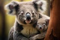 A rescued koala with its young, against the backdrop of a green forest in a safe environment