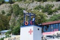 The rescuer on the rescue tower observes the shore. Novorossiysk beach. Royalty Free Stock Photo