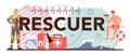 Rescuer typographic header. Ambulance lifeguard in uniform assisting first aid Royalty Free Stock Photo